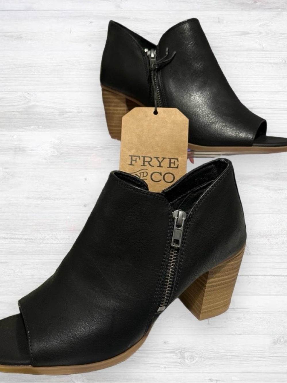 Frye Black Leather Peep Toe Ankle Booties with Wooden Block Heel